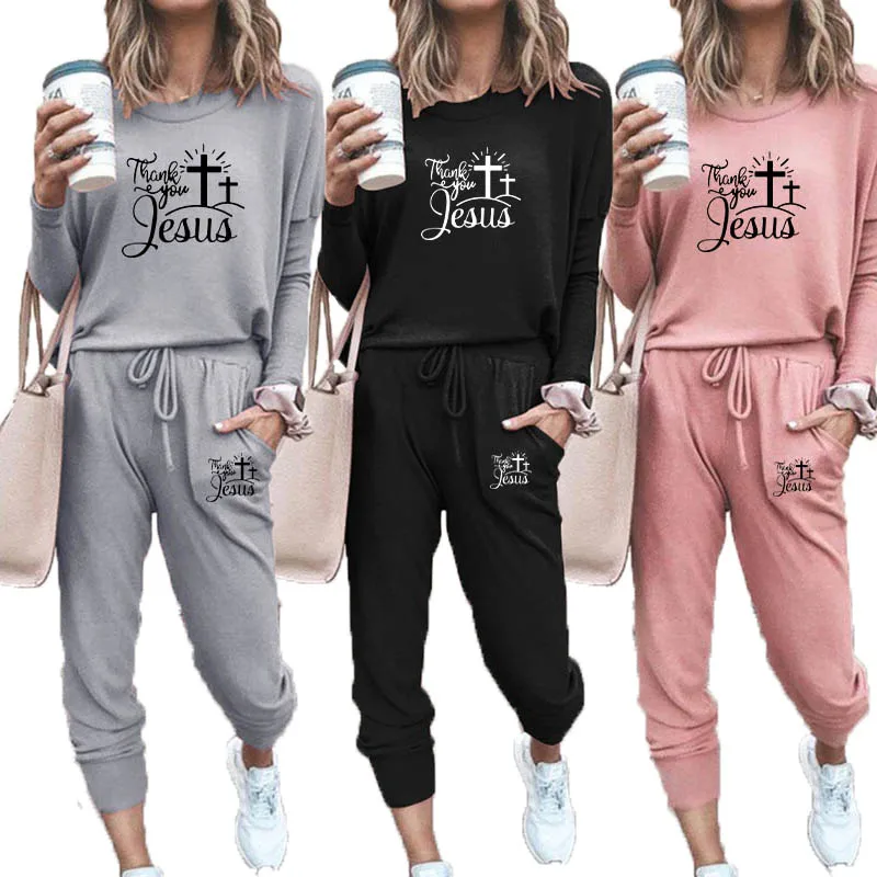 

2022 Spring Autumn Women Tracksuit Set Jesus Christ Printing Shrink-sleeved Sports Jogging Suit Solid Color Casual Loose