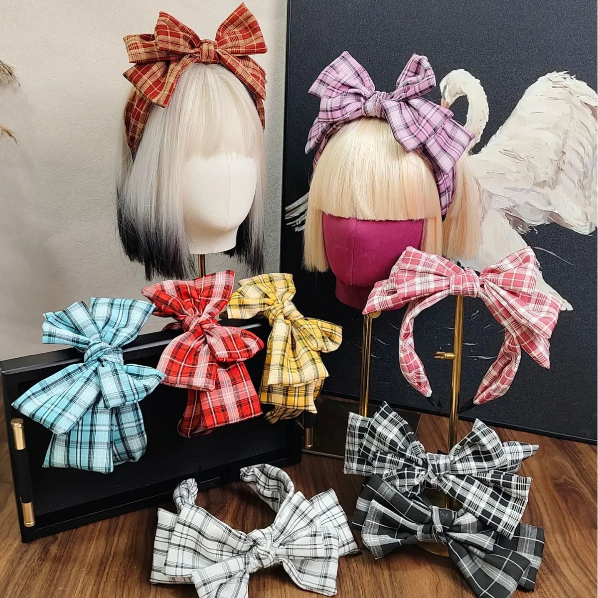 K-style Plaid Fabric Bows Headband High Skull Wide-brimmed British Style Headwear