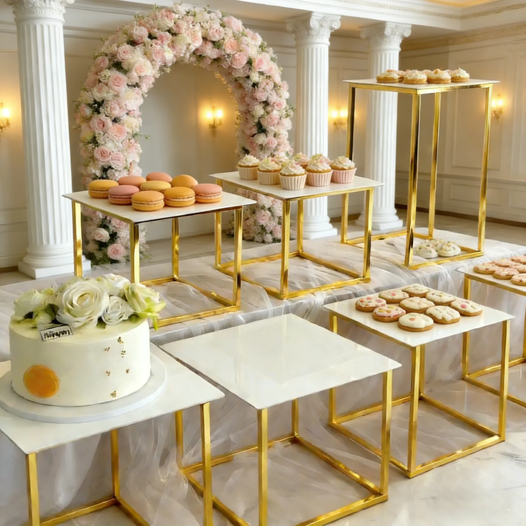 

12-20 PCS Luxury Gold Frame White Top Dessert Table Display Stand Set Wedding Cake Stand & Candy Buffet Risers for Party Events