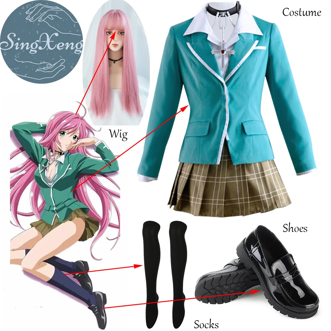 

SingXeng Anime Cos Rosario to Vampire Moka Akashiya Cosplay Costume Halloween Christmas Uniform Customize