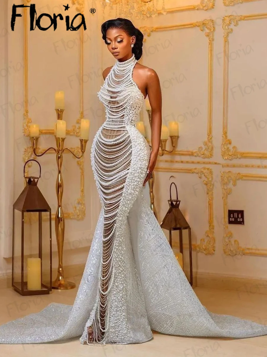 Vestido de casamento sexy com pérolas e borla, Vestidos de noiva africanos, Vestidos luxuosos para ocasiões formais, Vestidos de casamento de praia