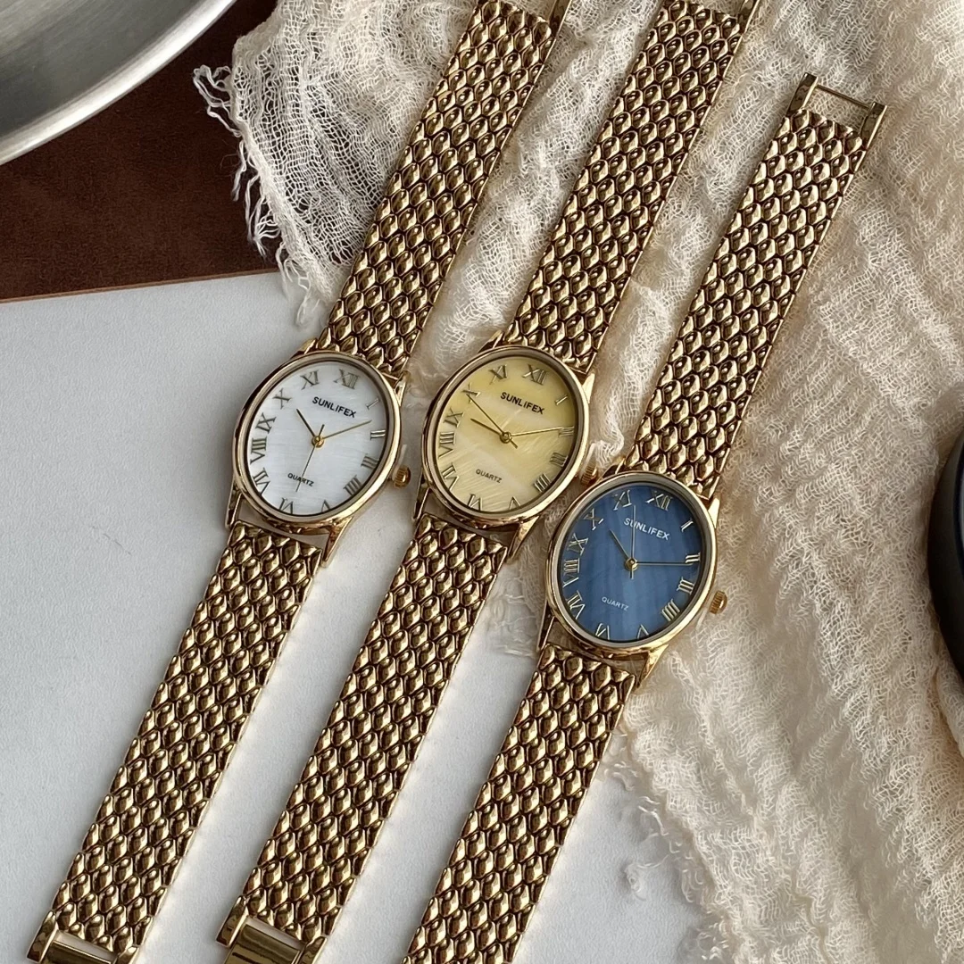 Sunlifex Brand Oval Shell Dial Women's Watch Ladies Bracelet Quartz Watch for Women Steel Strap Wristwatches Clock Reloj Mujer