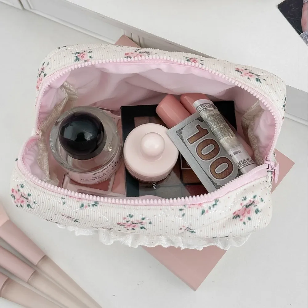 Portable Corduroy Cosmetic Bag with Lace Trim Floral Toiletry Bag Large Capacity Travel Organizer