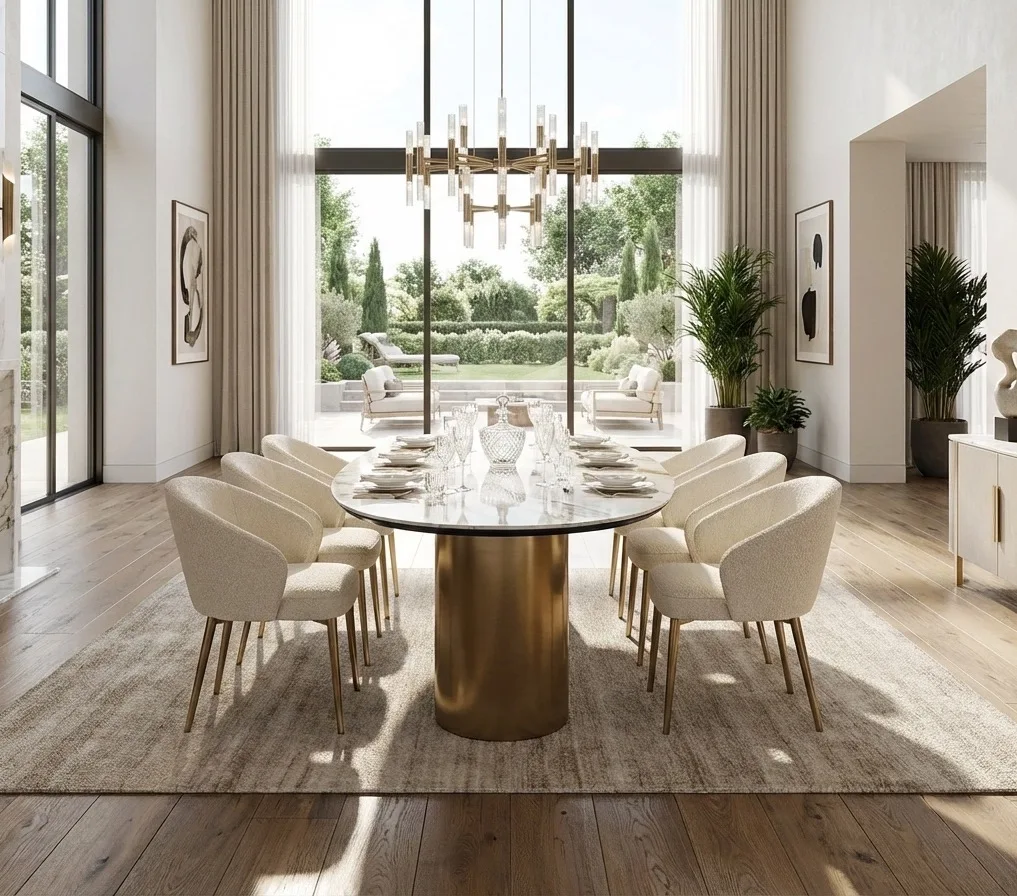 Luxury modern oval marble countertop stabilized dining table, suitable for homes, apartments, villas, hotels