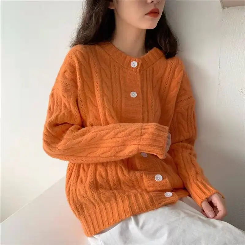 Vintage knitting Fried Dough Twists cardigan coat women\'s autumn and winter clothes loose wear lazy wind ins tide orange sweater