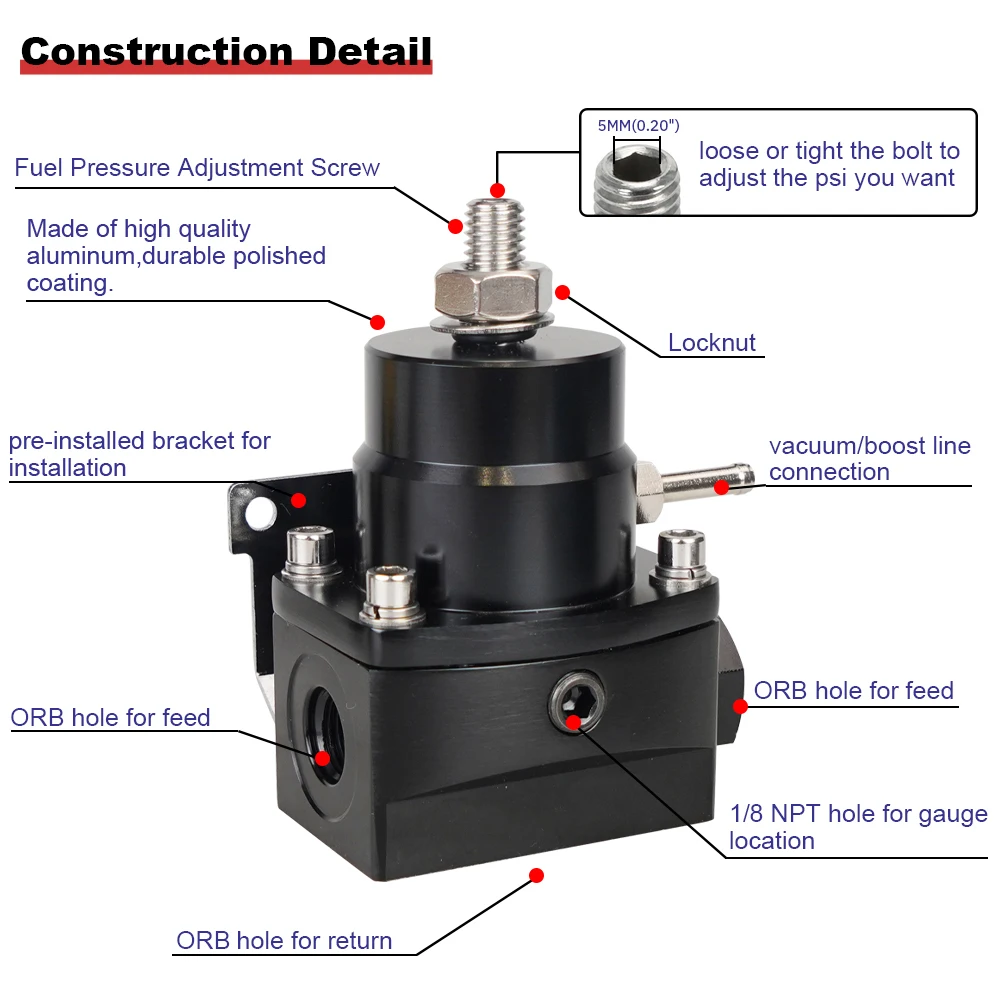 Adjustable Fuel Pressure Regulator with White Oil Gauge With AN8/10 Feed Fitting & AN6 Return Line Fitting & AN8/10 End Cap