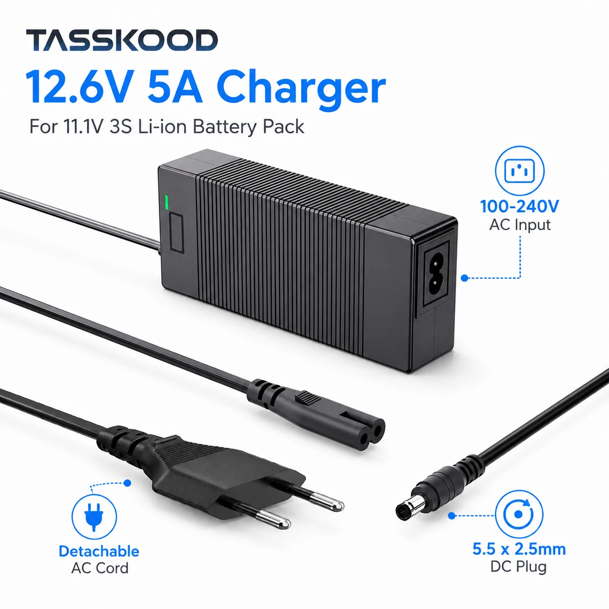 12.6V 5A Li-ion Battery Charger for 3S 11.1V 18650 Battery Pack AC 100-240V Smart CC CV Charger with LED Indicator