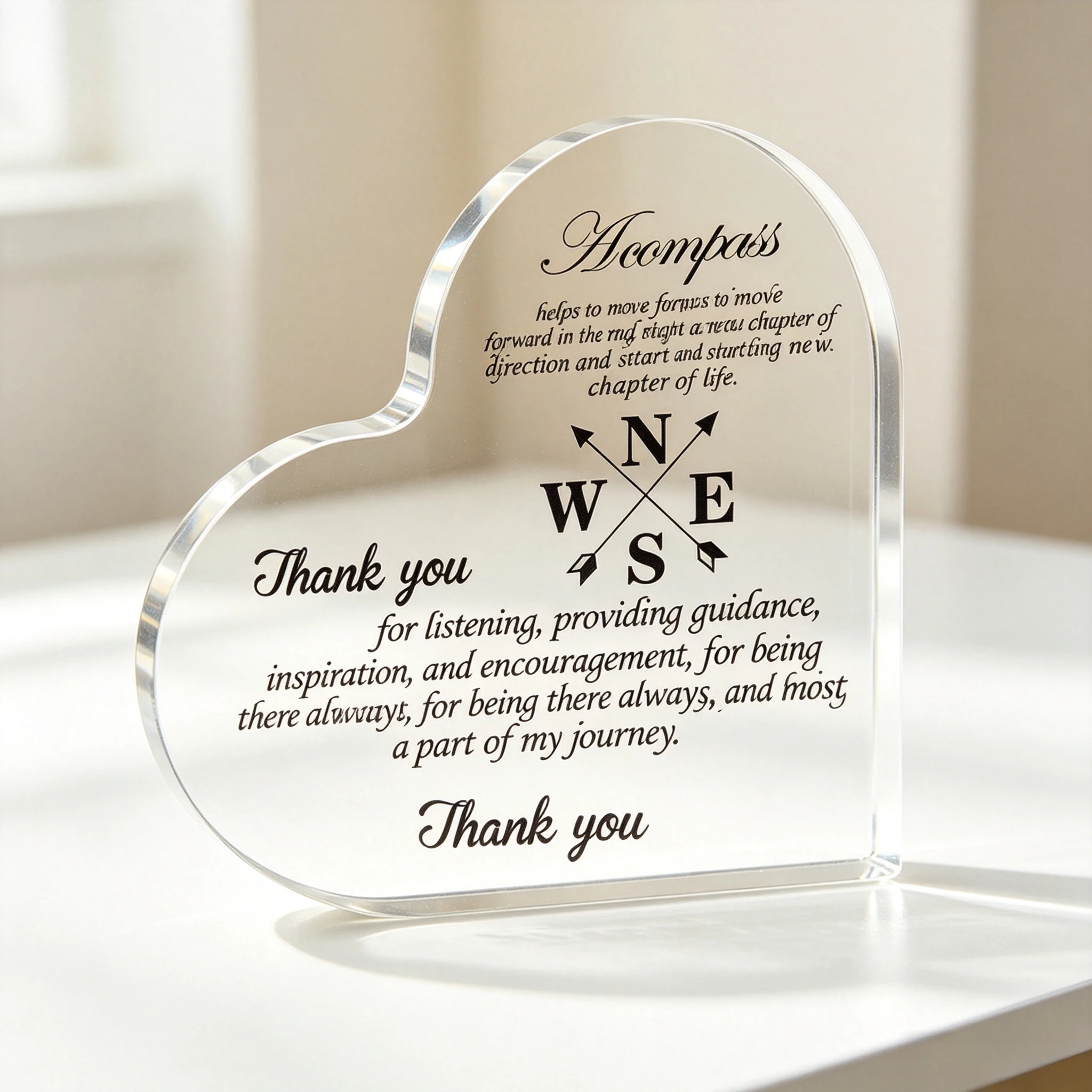 Compass Guidance Thank You Heart‑Shaped Acrylic Tabletop Plaque, Mentor Appreciation Quote Desk Decor