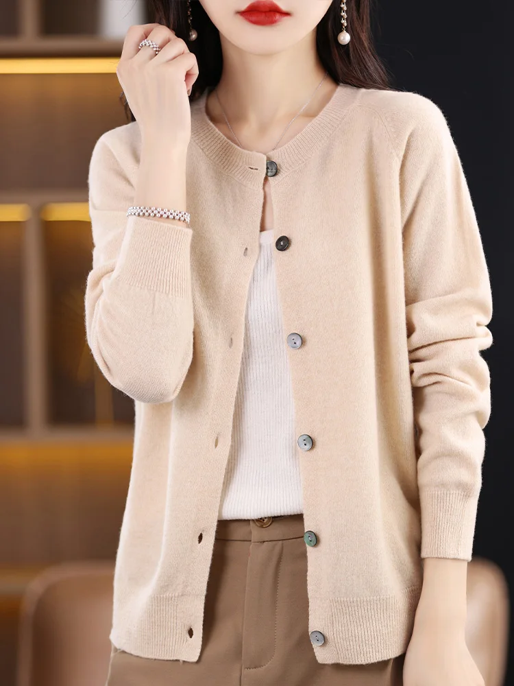 

Aliselect Women's 100% Merino Wool Knitted Sweater Cashmere Coat Casual O-Neck Loose Fashion Cardigan Tops Spring Autumn Winter