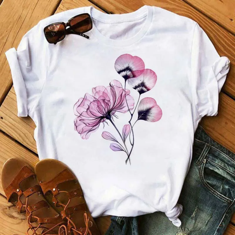 Maycaur New Watercolor Floral Print Women Tshirt Harajuku 90s Streetwear Short Sleeve T Shirts Cartoon Casual Woman Tops Clothes