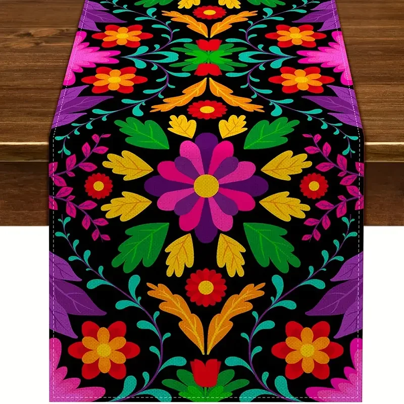 Mexican Day of The Dead Linen Table Runner Mexico Fiesta Party Decor Colorful Floral Kitchen Dining Table Runners home Decor