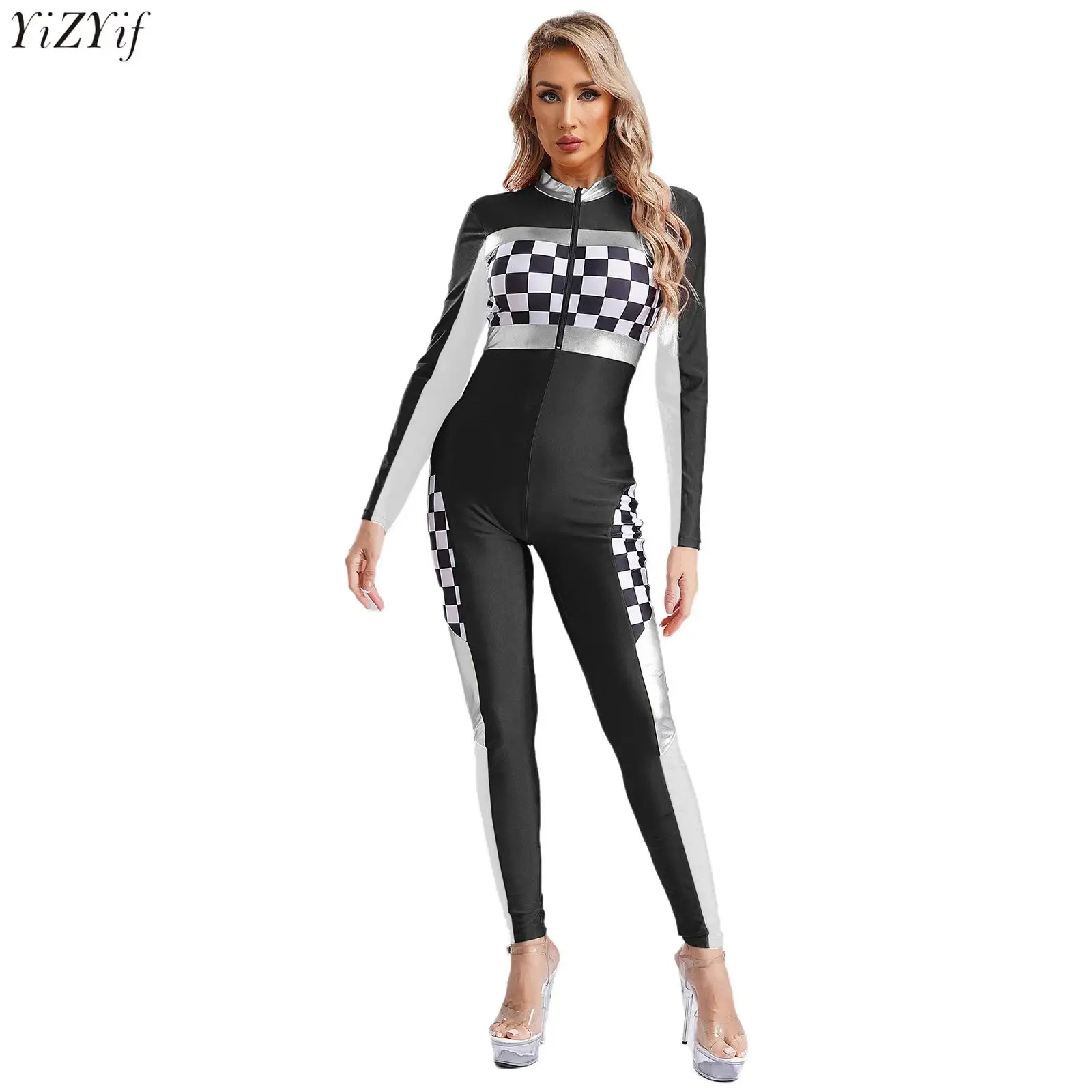 

Women's Racing Cheerleading Jumpsuit Bodysuit Checkerboard Plaid Long Sleeve Slim fit Rompers Club Racer Driver Cosplay Costume