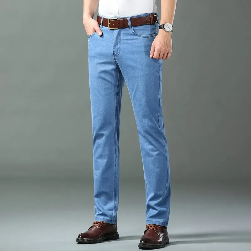 New Ice Silk Thin Denim Jeans For Men Blue Straight Stretch Cotton