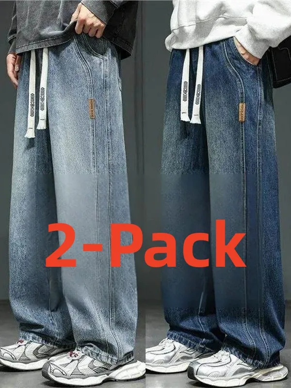

Trendy Vintage Loose Straight Leg Jeans Men's Casual Cotton Stretch Denim mid Waist Waed Dstring Closure Wear Resistant
