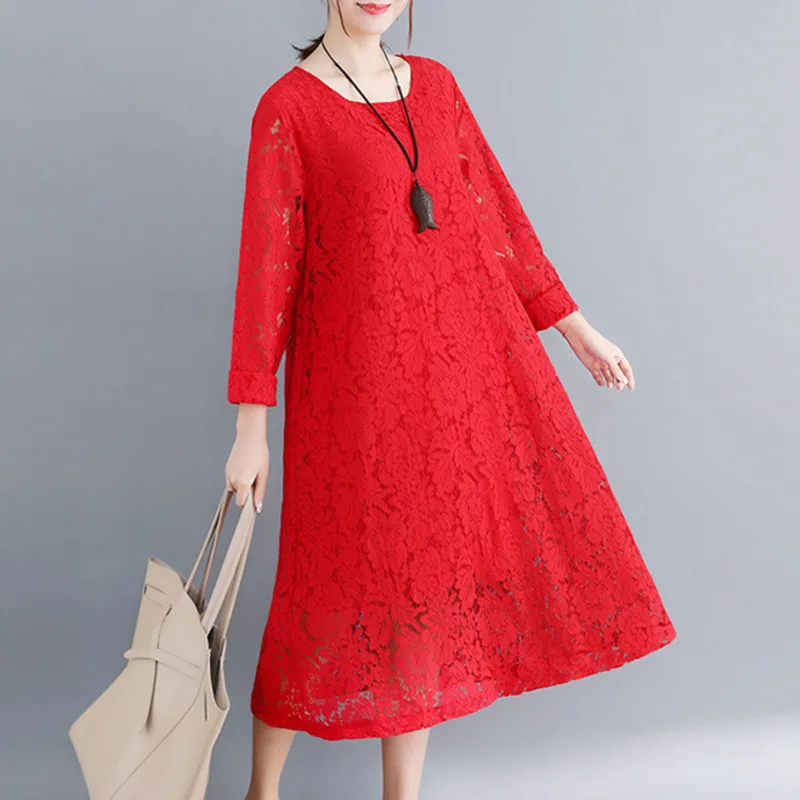 #3255 Spring Summer Red Black White Lace Dress Women Long Sleeve High Quality Fashion O-neck Hollow Out Midi Dress Elegant 