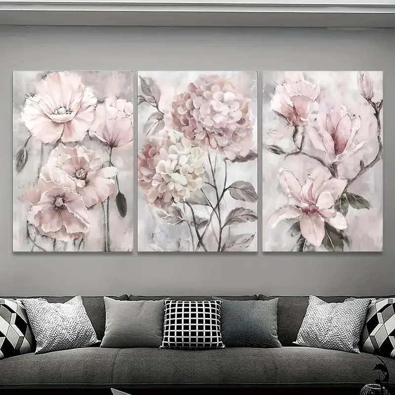 3pcs Vintage American Style Pink & Gray Floral Canvas Wall Art Set - Frameless Decor For Bedroom And Living Room