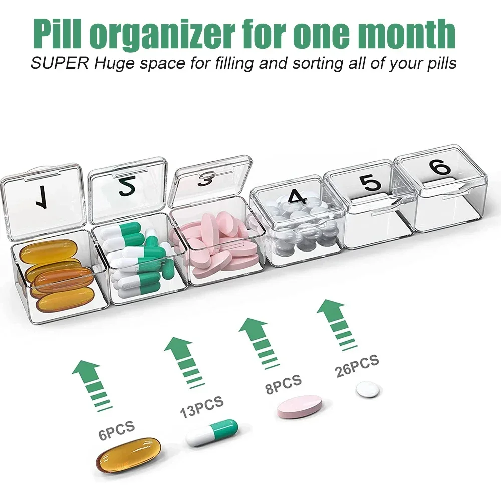 Travel Monthly Pill Organizer, 1 Per Day, 4 Week Full Month 30 Days Pill Organizer, Includes Tray and 30 Removable Compartments