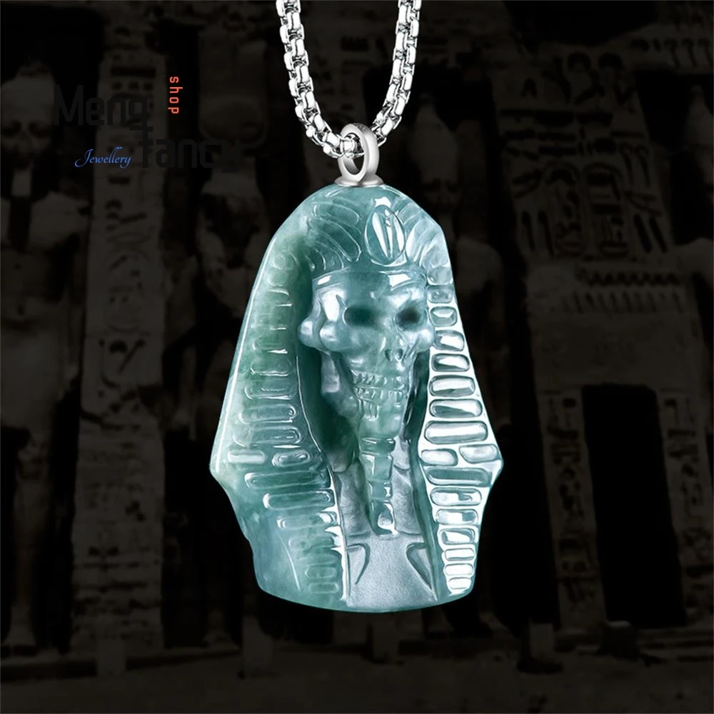 Natural A-goods Jadeite Blue Water Three-dimensional Carving Egyptian Pharaoh Ice Jade Pendant High-grade Luxury Fashion Jewelry