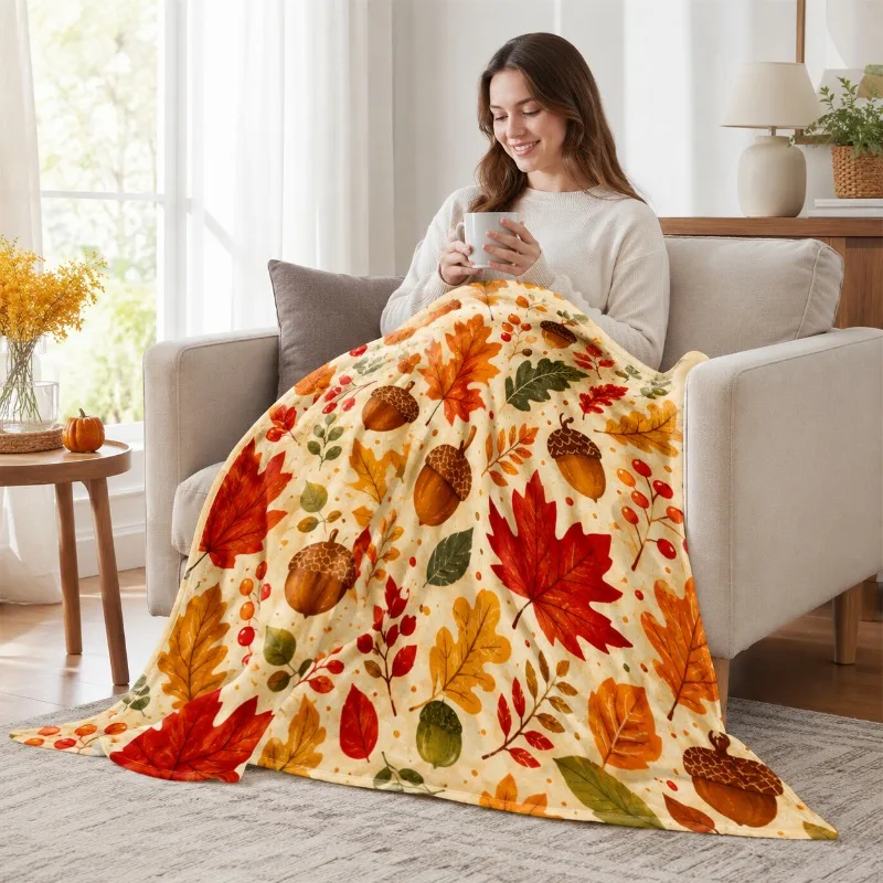 2D Flat Print, 1pc Autumn Season Decorative Throw Blanket/blanket, Featuring an Acorn, Maple Leaf, Colorful Foliage, and Berry A