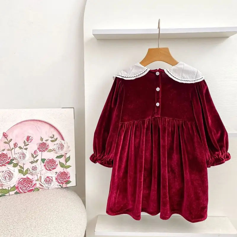Christmas girls' dress, petal collar, wine-red long-sleeved dress, spring/autumn style, children's dress