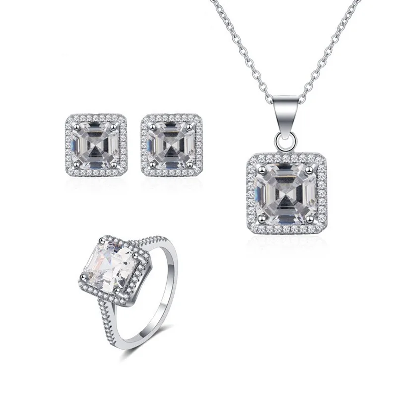

Hot Sale S925 Sterling Silver Square Diamond Earring Ring Necklace Set with Zircon