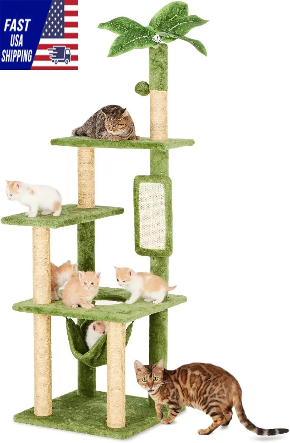 55 inch indoor cat tree, green leaves, multi-storey large cat tower, indoor cat with hammock, plush cat house with hanging ball