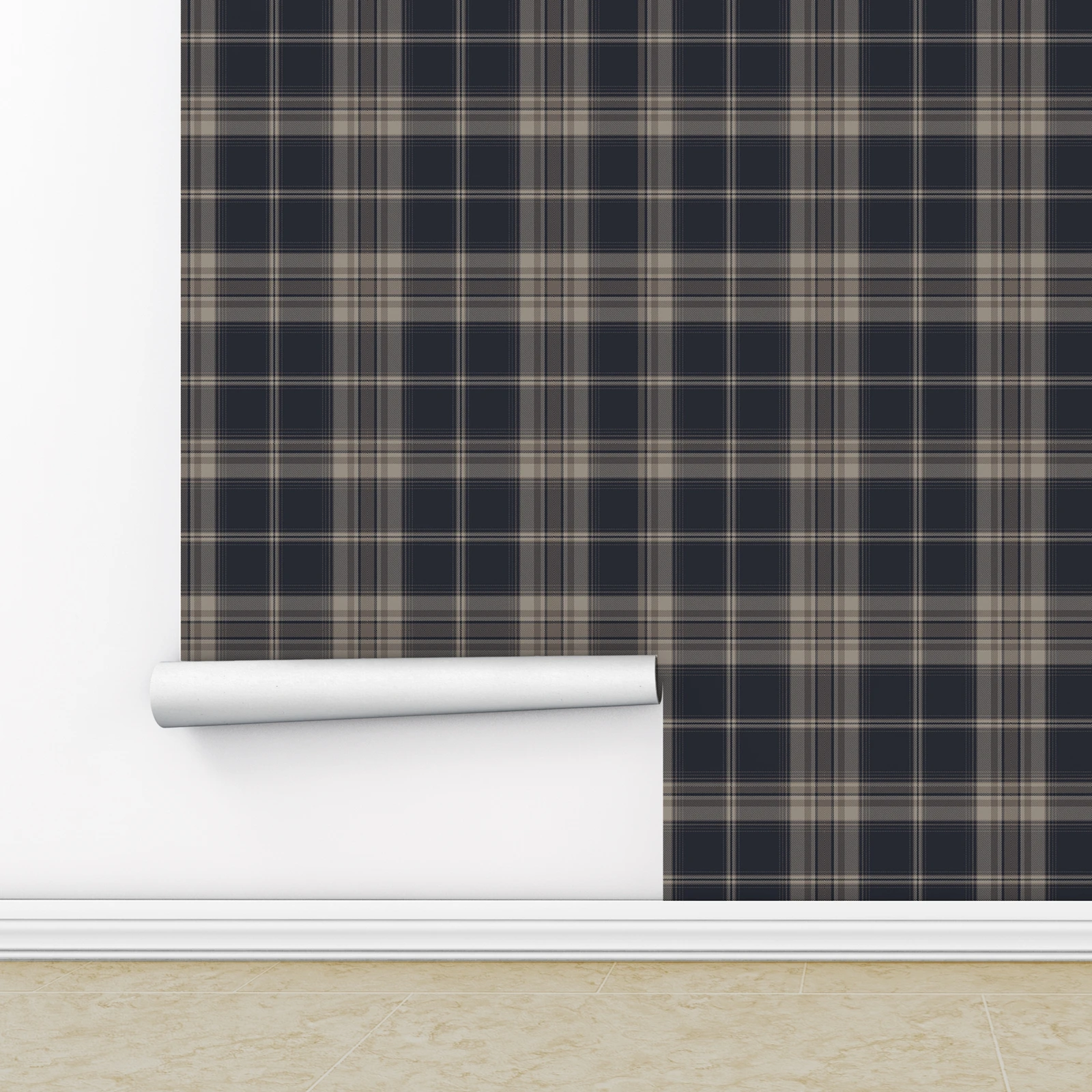 Tradycyjna tapeta ścienna w kratę, ciemnoniebieska tapeta w kratę z beżowymi akcentami, samoprzylepna tapeta ścienna do łazienki, 50 cm * 300 cm