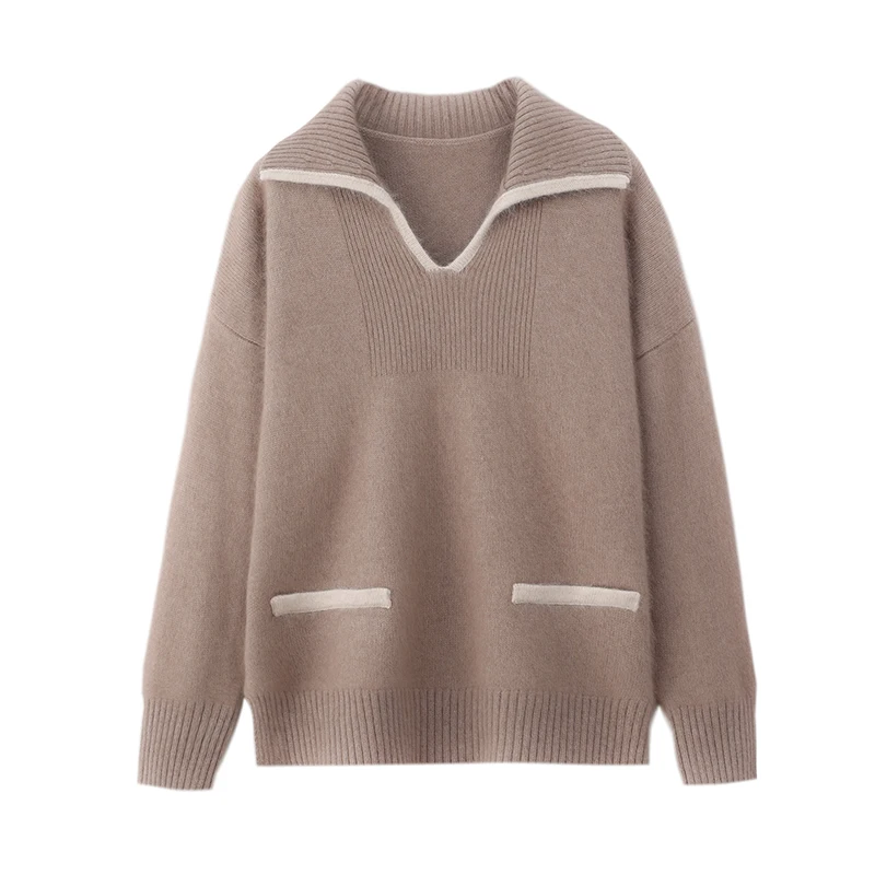 Chic Preppy Style Turn-Down Collar 100% Mink Cashmere Women's Pullovers Basic Soft Warm Casual Loose Pocket Sweater Tops