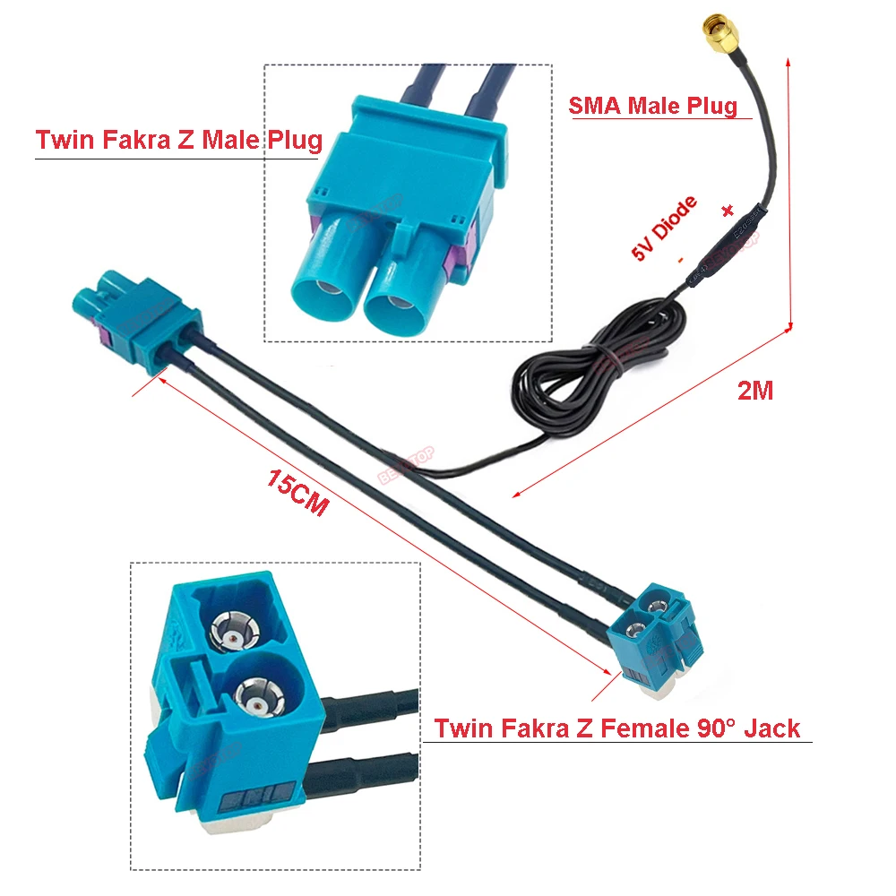 BEVOTOP Twin Fakra Z to Fakra SMA Splitter cables With Diode Custom-made RF Coaxial Cable Junper