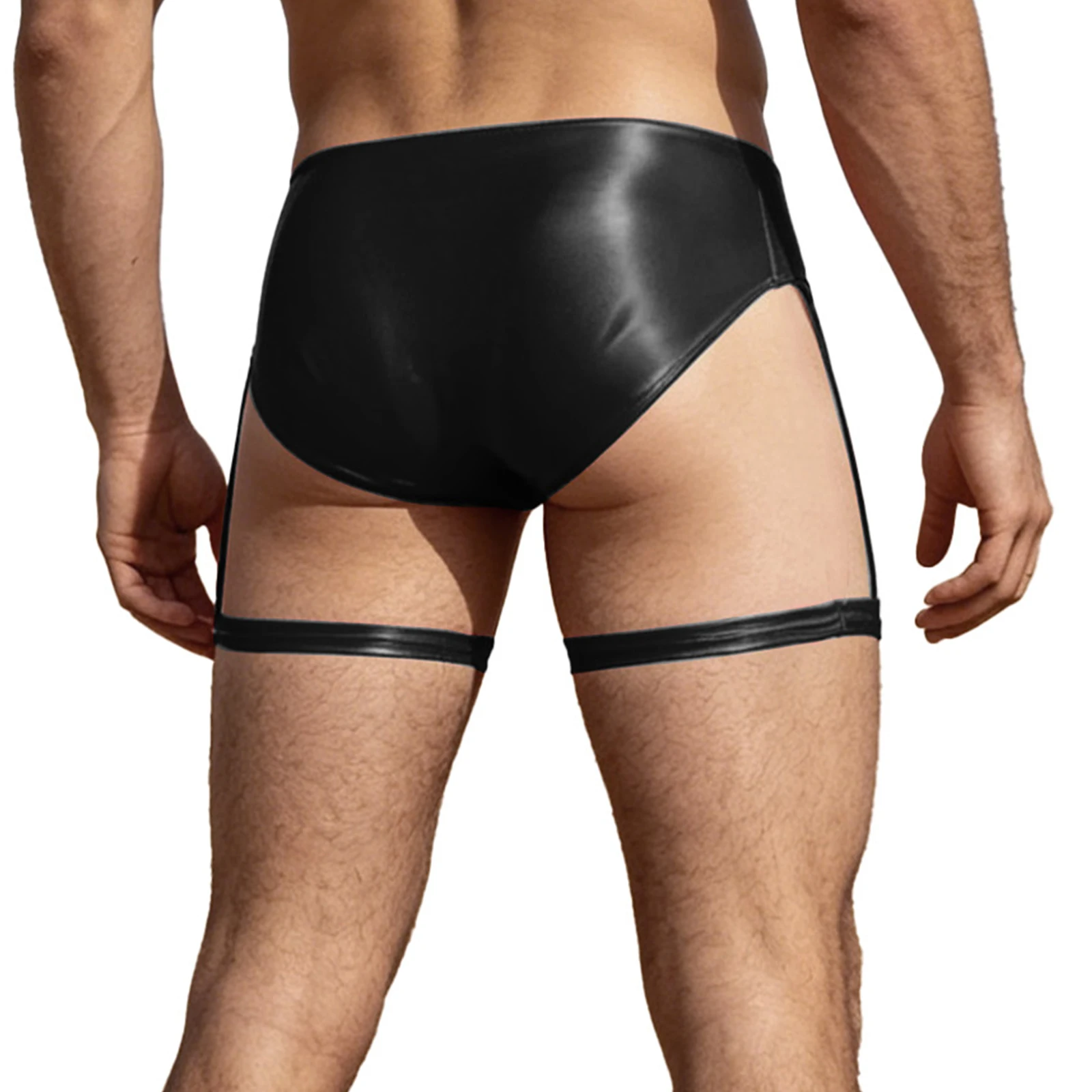 Mens PU Leather Bulge Pouch Briefs Zipper Jockstrap Panties Underwear And Thigh Bands with Garter Clip for Nightclub Rave Party