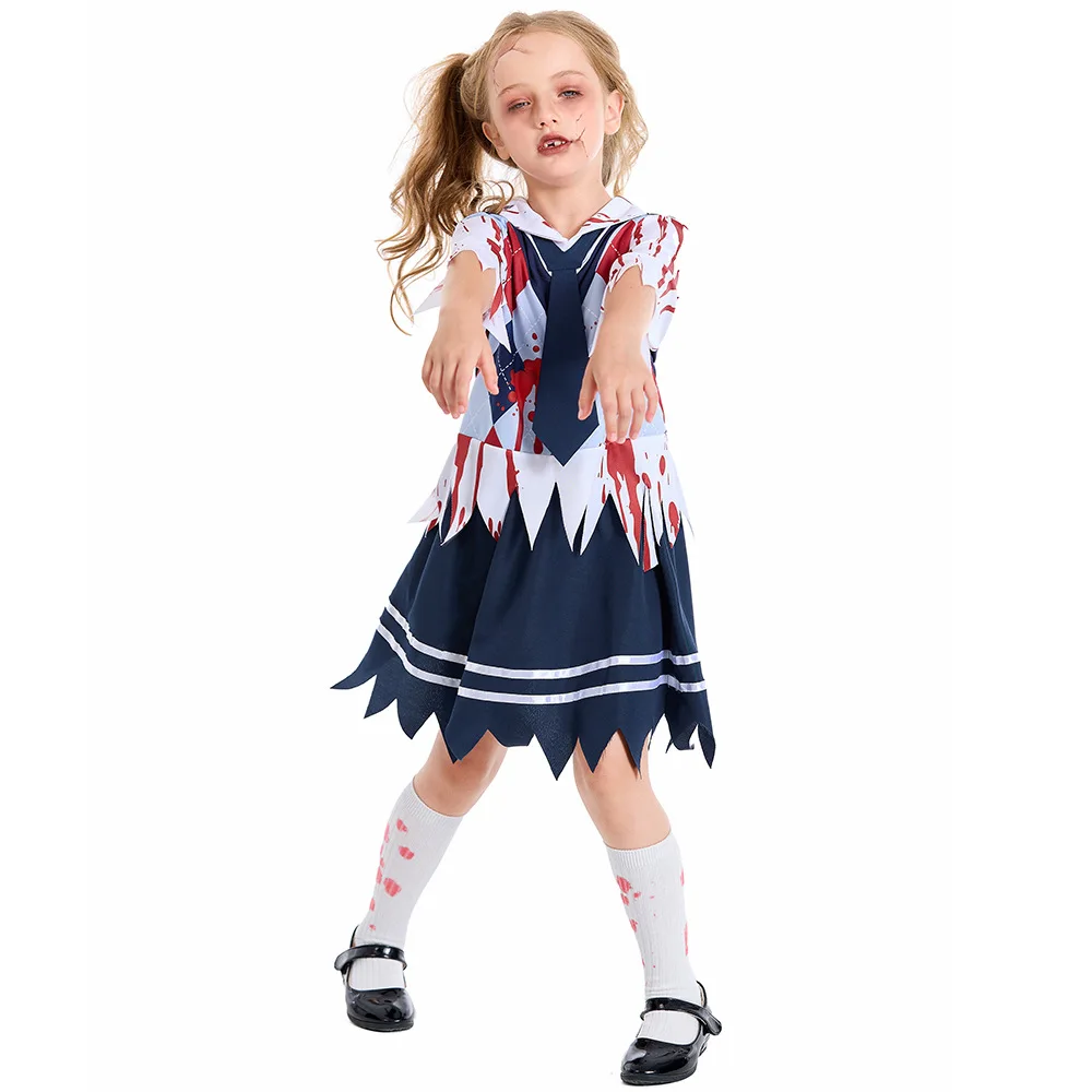 Bloodstained Student School Uniform Set for Women and Girls Halloween Cosplay Costume Scary Bloody Zombie Dress Vampire Costume