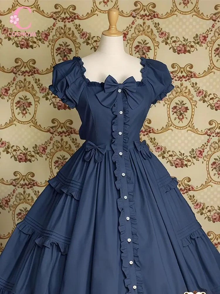 Vintage Sweet Lolita Bow Ruffle Puff Sleeve Maxi Dress Women Square Neck Slim Fit Elegant Harajuku Casual Party Tea Wear Outfits