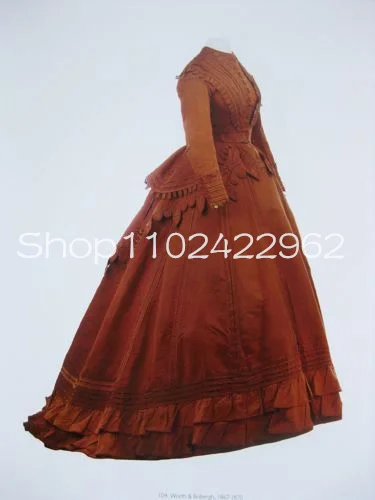 Dark Orange Historical Garments Ball Gown Prom Dresses Ruffles Applique Stain Long Sleeve Victorian Costume Evening Dress