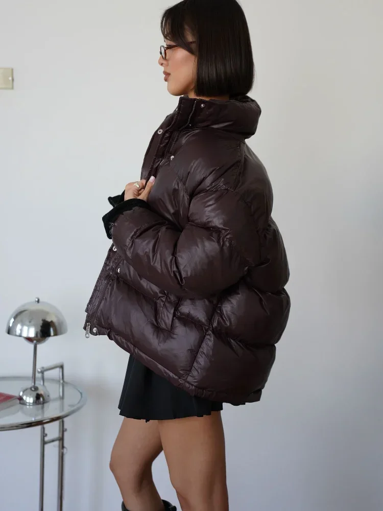 Oversized Burgundy Warm Down Coat For Women Fashion Stand Collar Long Sleeves Zipper Buttons Coats Winter Lady Warm Parkas