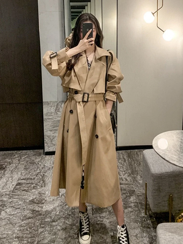 

Women's Monochromatic Trench Coat, Winter Jacket, Lapels, Double Row Buttons, Long Windbreaker, Ladies Work Tops, Clothes, 2024