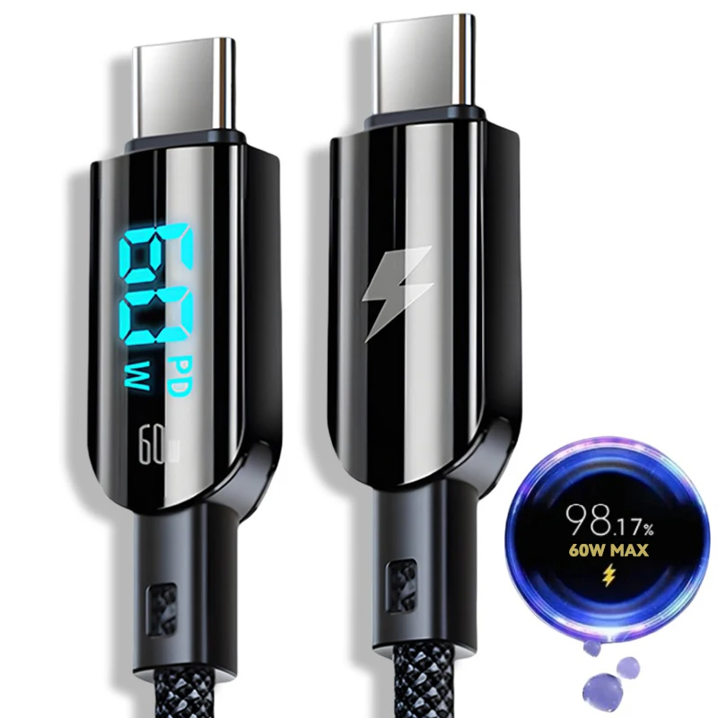 C타입 고속 충전 케이블, LED 디지털 디스플레이, USB C 충전기 코드, 아이폰 15 프로 맥스, 삼성 샤오미 PD 충전 데이터 라인, 60W 