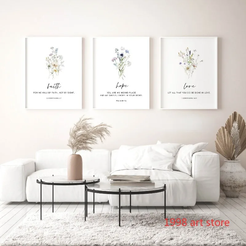 Retro Faith Hope Love Quotes Bible Verse Floral Scripture Art Poster Canvas Painting Wall Prints Picture for Room Home Decor