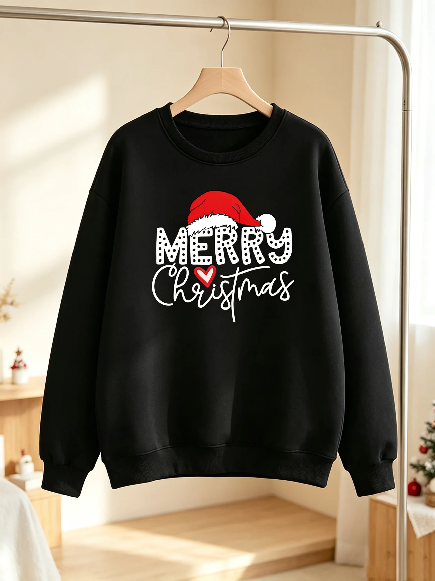 Children's Christmas Hoodie Long Sleeved round Neck Thermal Top with Christmas Hat Pattern Printed for Autumn Winter