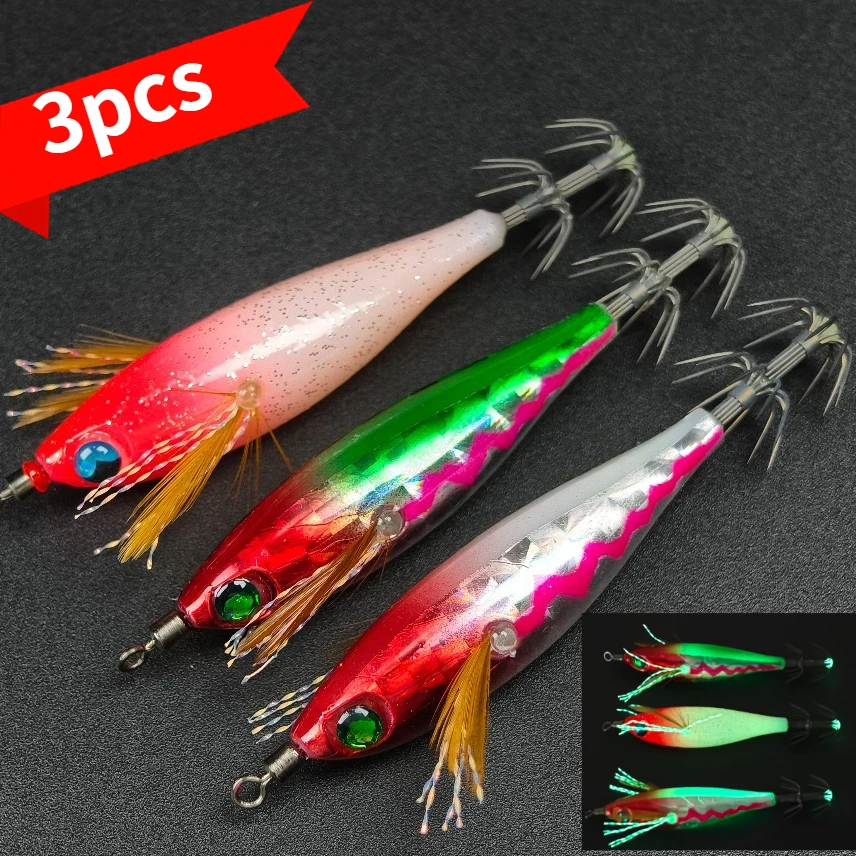 Kit de Iscas para Lula com 3 Peças, Reflexivas a Laser e que Brilham no Escuro, Camarão Horizontal que Brilha com Penas, Isca de Pesca para Lula e Polvo