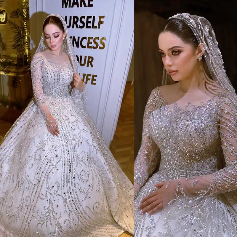 

Luxurious Crystals Ball Gown Wedding Dresses O Neck Long Sleeve Bridal Gowns Beadeds Vestido De Novia Customized