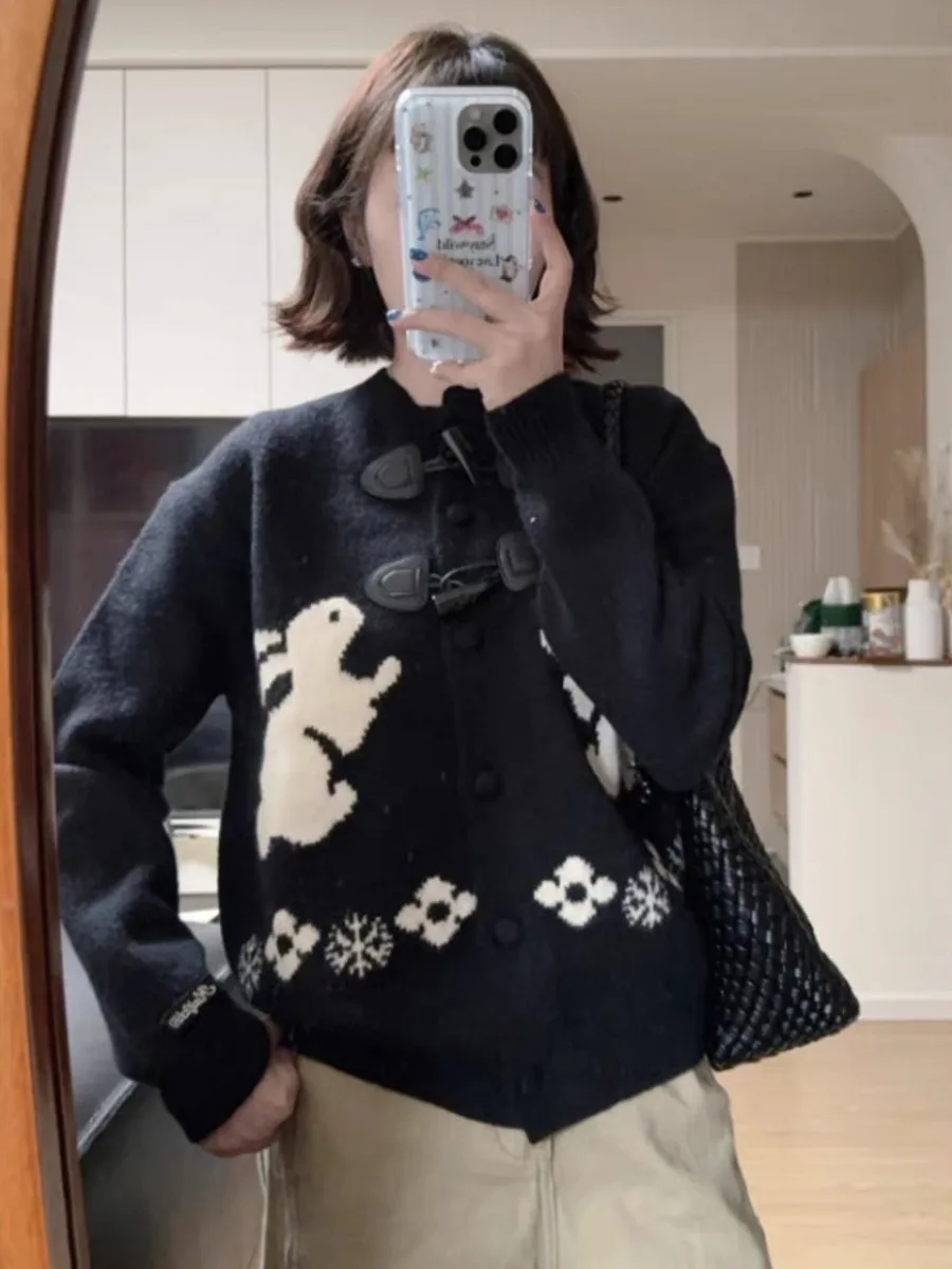 

Свитер в стиле ретро Fair Isle с мультяшным кроликом, пальто, женское осенне-зимнее свободное открытое кардиган для ленивых, трикотажное белье из полиэфирного волокна