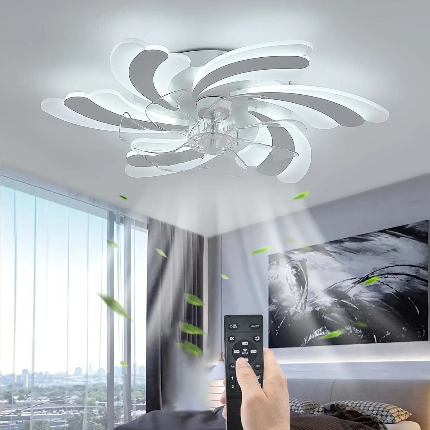 

Creative Flower Shape Black White Ceiling Fan Light LED Ceiling Lamp Remote Control Bedroom Silent Electric Fan Lamp Ventilators