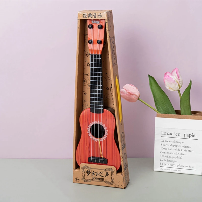 

Guitar Toy Simulated Wood Grain Guitar Instrument Mini Four Strings Can Be Played For Early Education