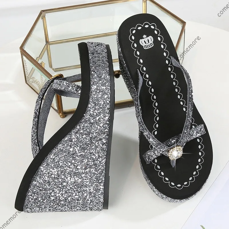 11CM Sparkly Glitter Platform Flip Flops Women Crystal Rhinestone Clip Toe Thong Sandals Wedge Sole Slip on Female Fashion Shoes