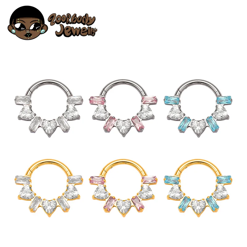 ASTM F136 Titanium Luxury Heart Ladder CZ Nose Rings Septum Piercing 16G Clicker Hinged Segment Hoop Ring Helix Daith Earring