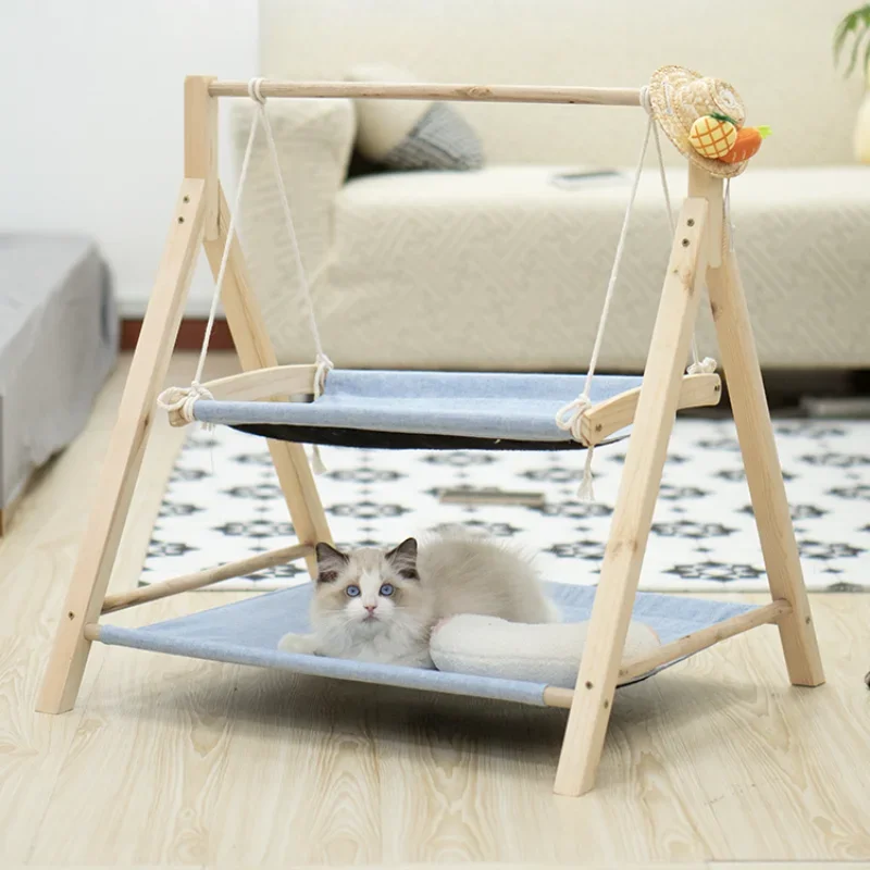 Cat hammock swing, cradle bed double layer, cat nest upper and lower layer solid wood hammock universal cat bed in all seasons