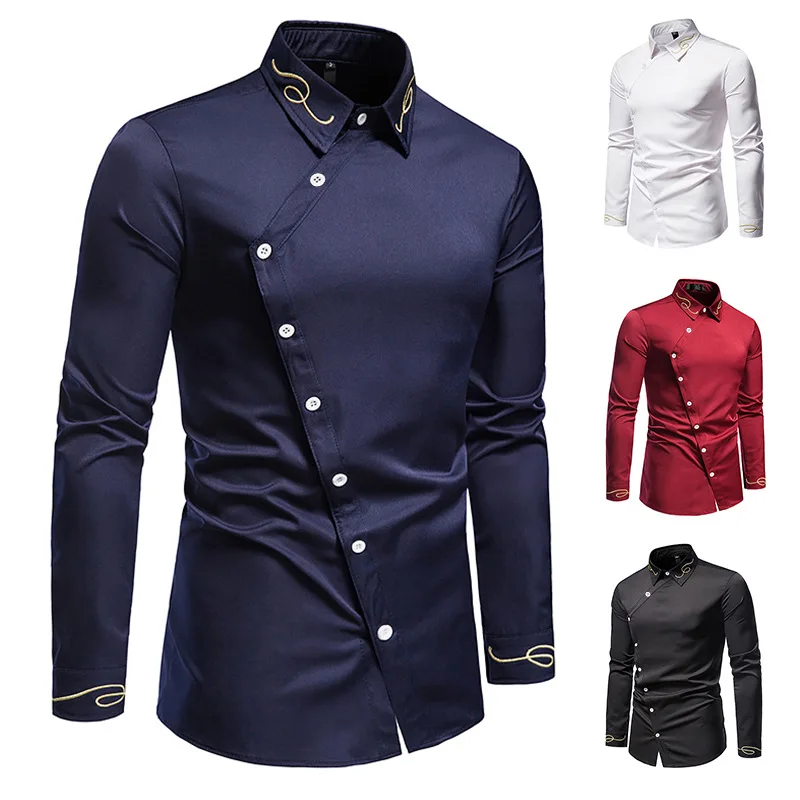 Spring and Autumn New European Size Men's Trendy Embroidered Asymmetric Long Sleeved Shirts Western Denim Shirts