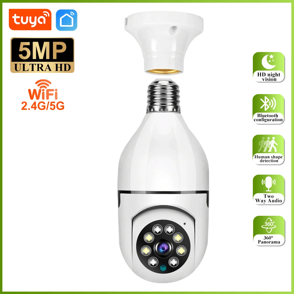 

Tuya WiFi 5G Dual-Band Bulb 5MP Camera Two Way Voice Night Vision AI Human Detection E27 Security Protection Surveilance Cam