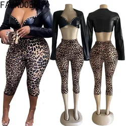 FAGADOER Punk Gothic Sexy Leather 2 Piece Sets Women Outfit Crop Rivet Patchwork Jackets + Leopard Print Pants Female Streetwear