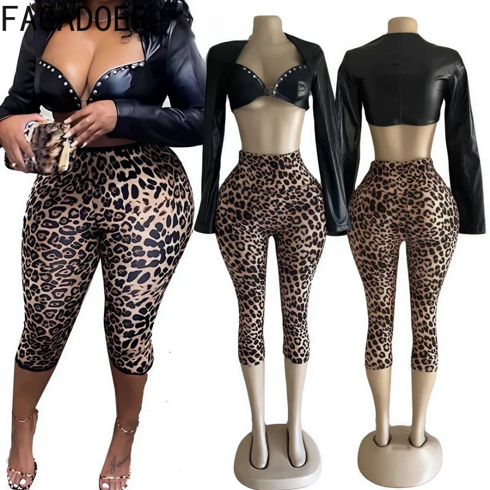 FAGADOER Punk Gothic Sexy Leather 2-częściowe zestawy damskie Outfit Crop Rivet Patchwork Jackets + Leopard Print Pants Female Streetwear